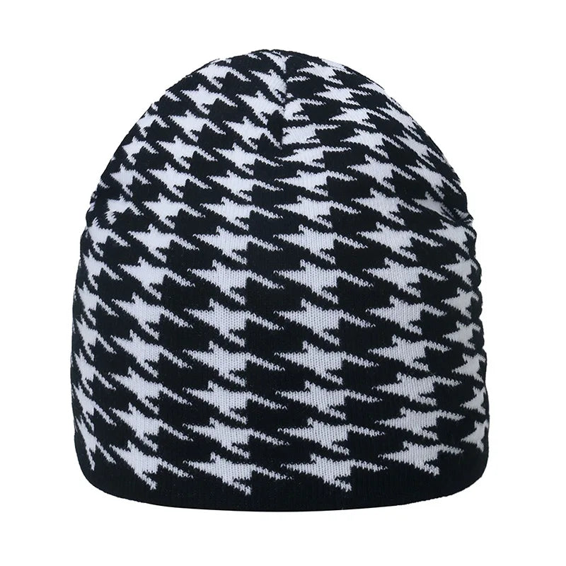 Unisex Checkered Cow & Animal Knit Soft Warm Cuffed Beanie Hat