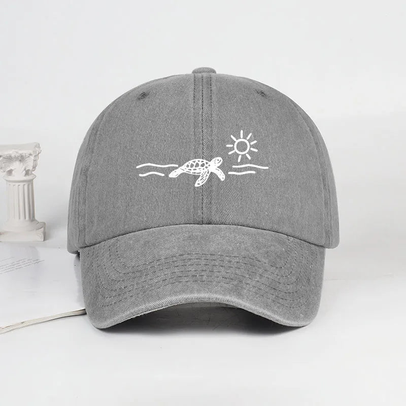 Vintage Washed Baseball Cap with Turtle, Sun, and Wave Print