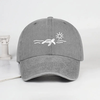 Vintage Washed Baseball Cap with Turtle, Sun, and Wave Print