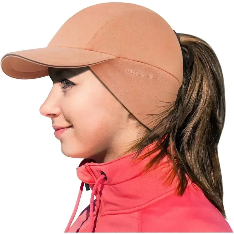 Women's Winter Reflective Fleece Ponytail Hat with Drop Down Ear Warmer Hat Baseball Cap