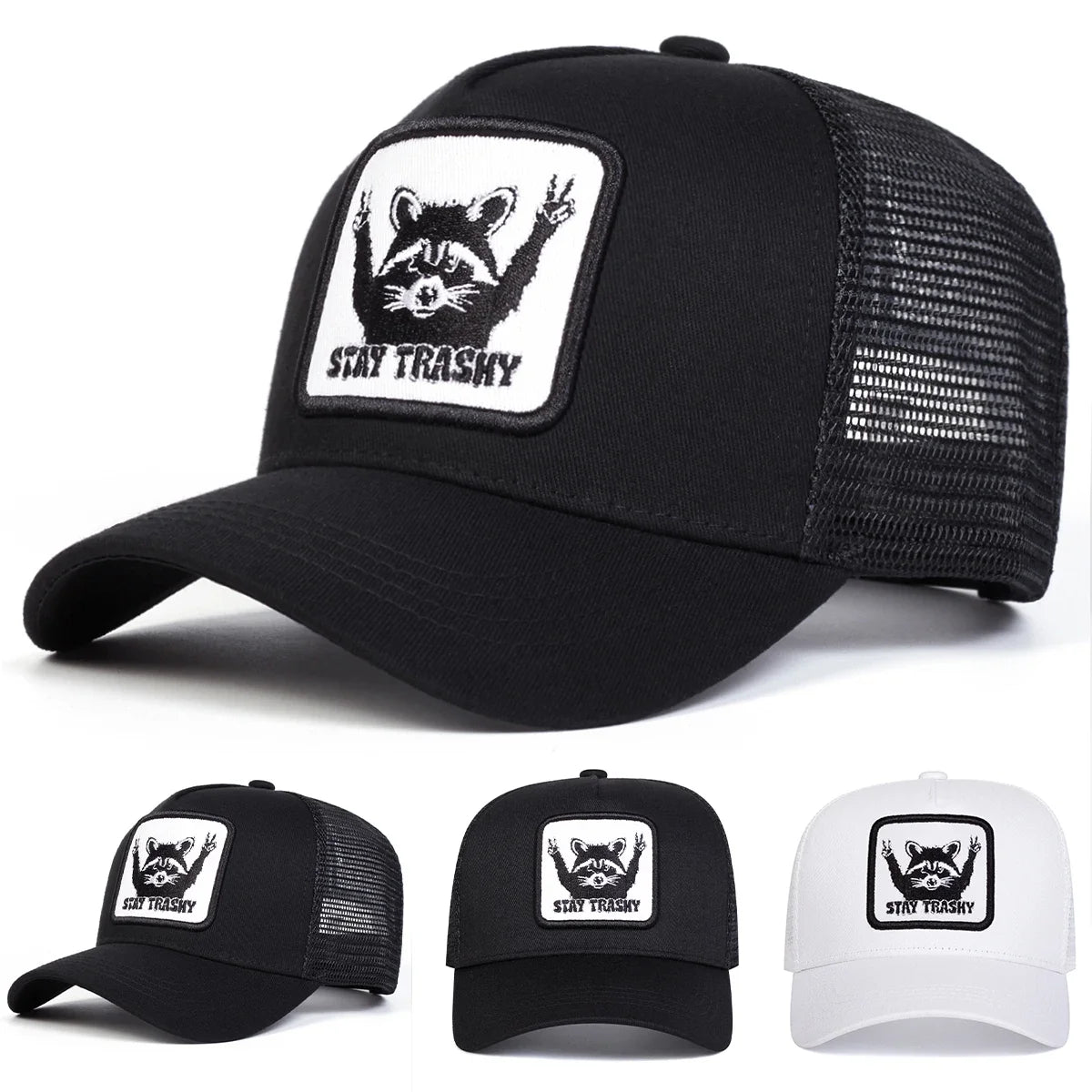 Unisex Stay Trashy Raccoon Embroidery Baseball Net Caps Spring Summer