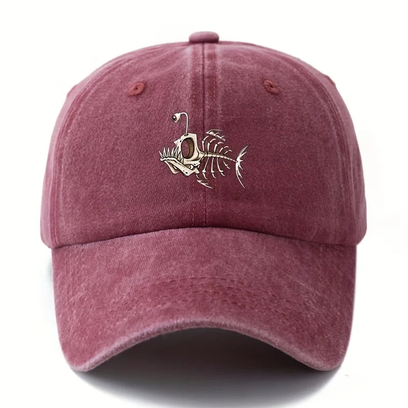 Fishbone Printed Baseball Cap Classic Retro Curved Brim Suitable for Outdoor Camping Trips