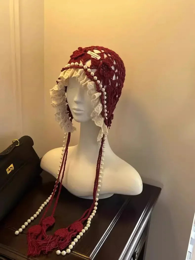 Casual Pearl Tassels Crochet Flower Knitted Hat