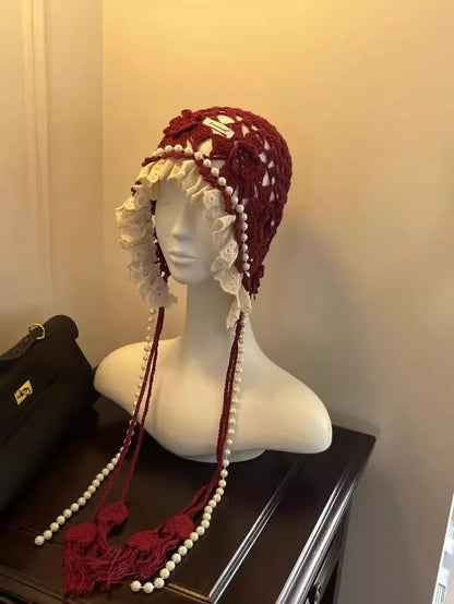 Casual Pearl Tassels Crochet Flower Knitted Hat