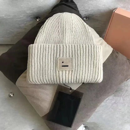 Warm And Cozy Knitted Beanie With Square Labels - Scandinavian Style Wool