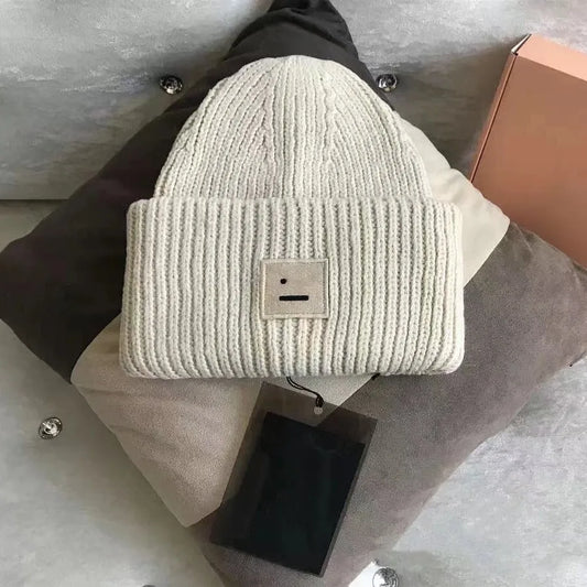 Warm And Cozy Knitted Beanie With Square Labels - Scandinavian Style Wool