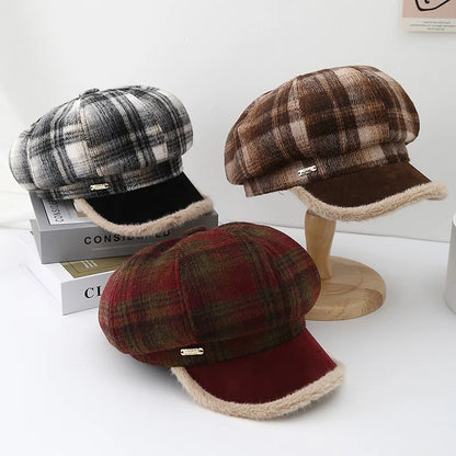 Vintage Plaid Octagonal Beret Women Autumn Winter Hats