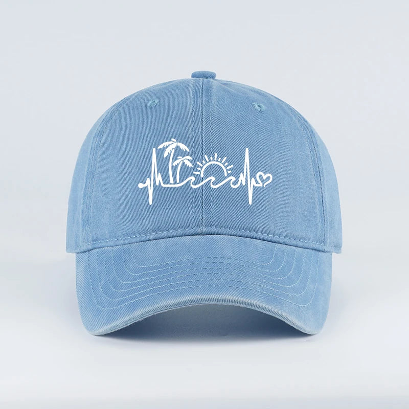Vintage Washed Palm Tree Sunset Graphic Baseball Cap Adjustable Casual Hat For Daily Travel Beach