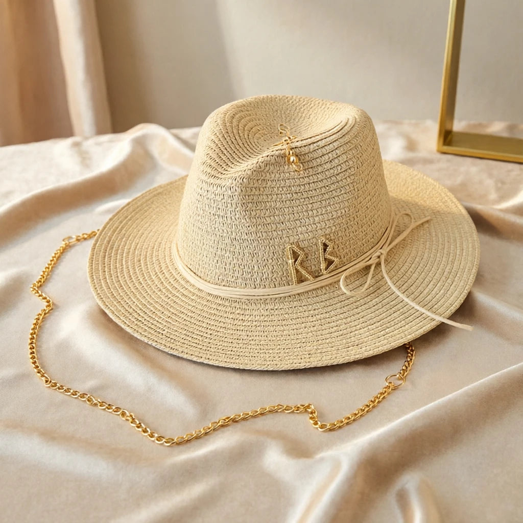 Fashionable Metal RB Letter Straw Sun Hats