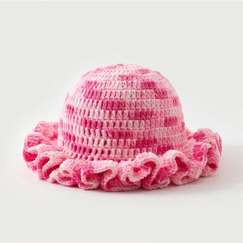 New Colorful Crochet Ruffle Brim Knit Bucket Hats