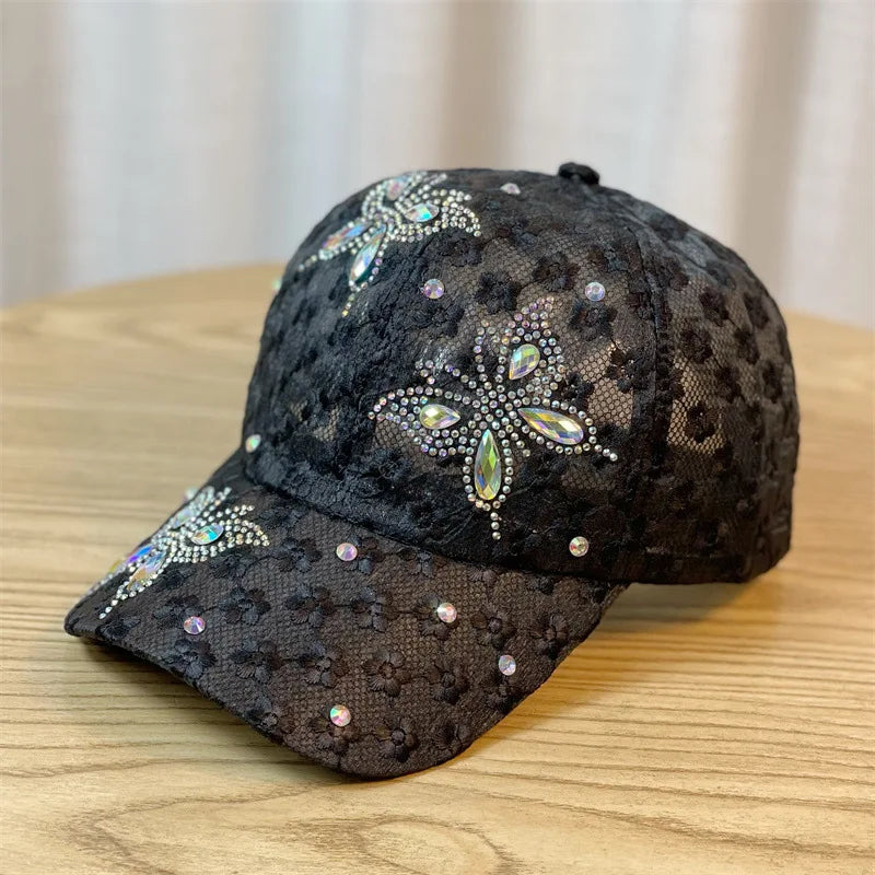 Summer Beaded Butterfly Breathable Lace Netting Baseball Cap