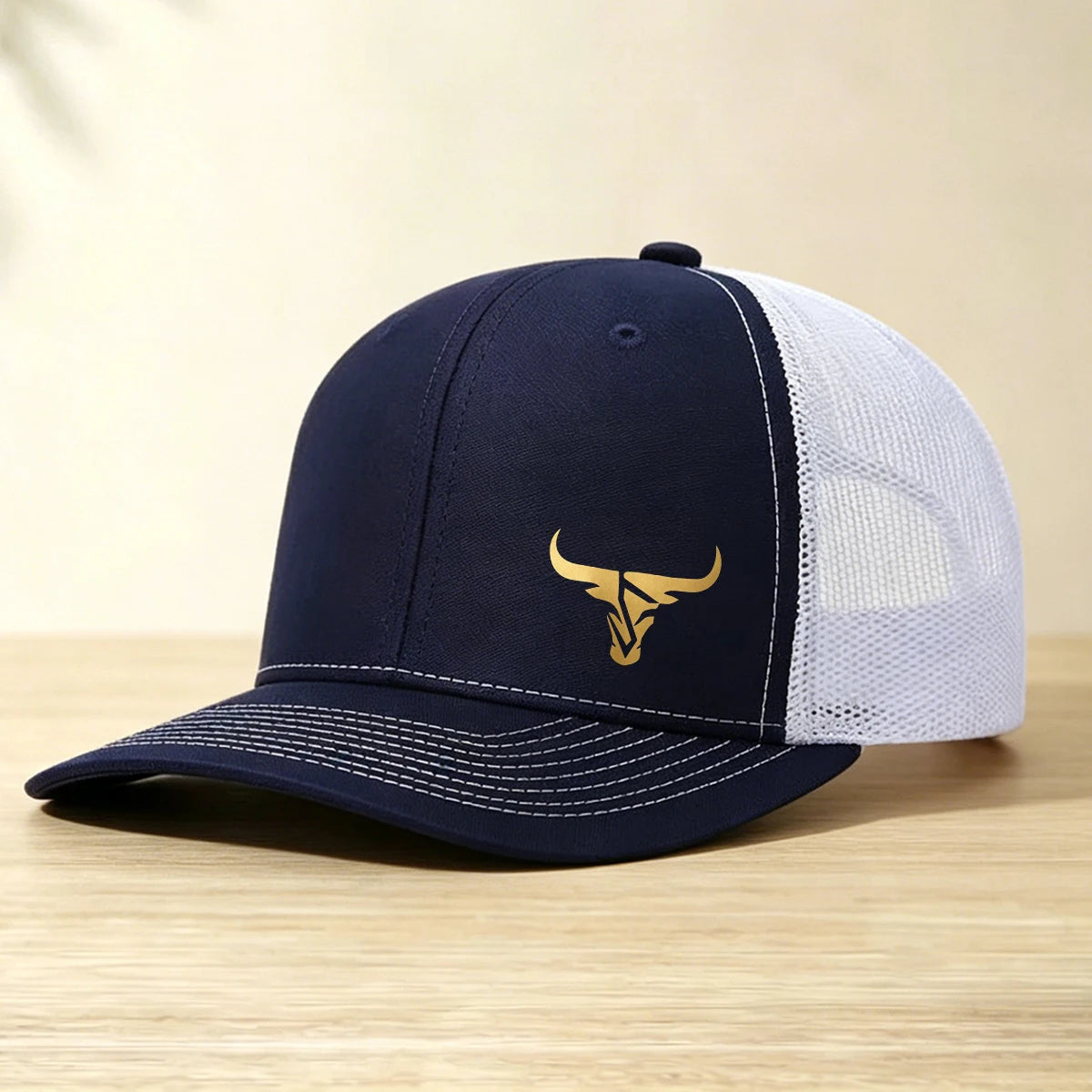 1 Gold Ox Head Print Truck Cap Breathable Mesh Back Baseball Cap Outdoor Snap Caps