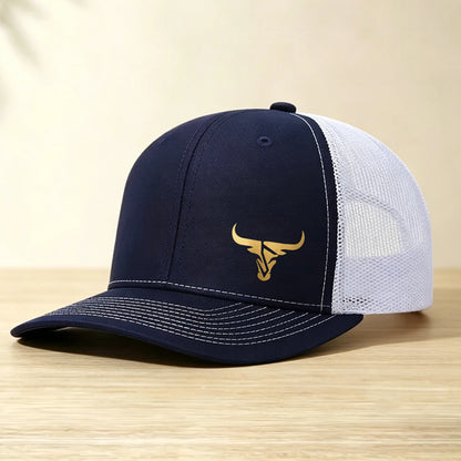 1 Gold Ox Head Print Truck Cap Breathable Mesh Back Baseball Cap Outdoor Snap Caps