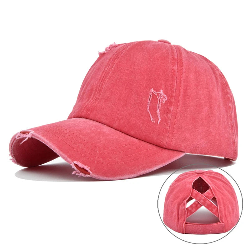 Vintage Washed Distressed Baseball Cap, Criss Cross Ponytail Hat
