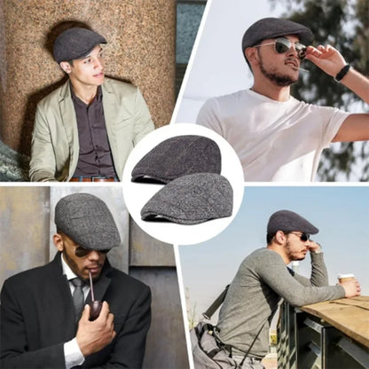 Men Retro Beret British Hats Wool Blend Vintage Herringbone Tweed Men