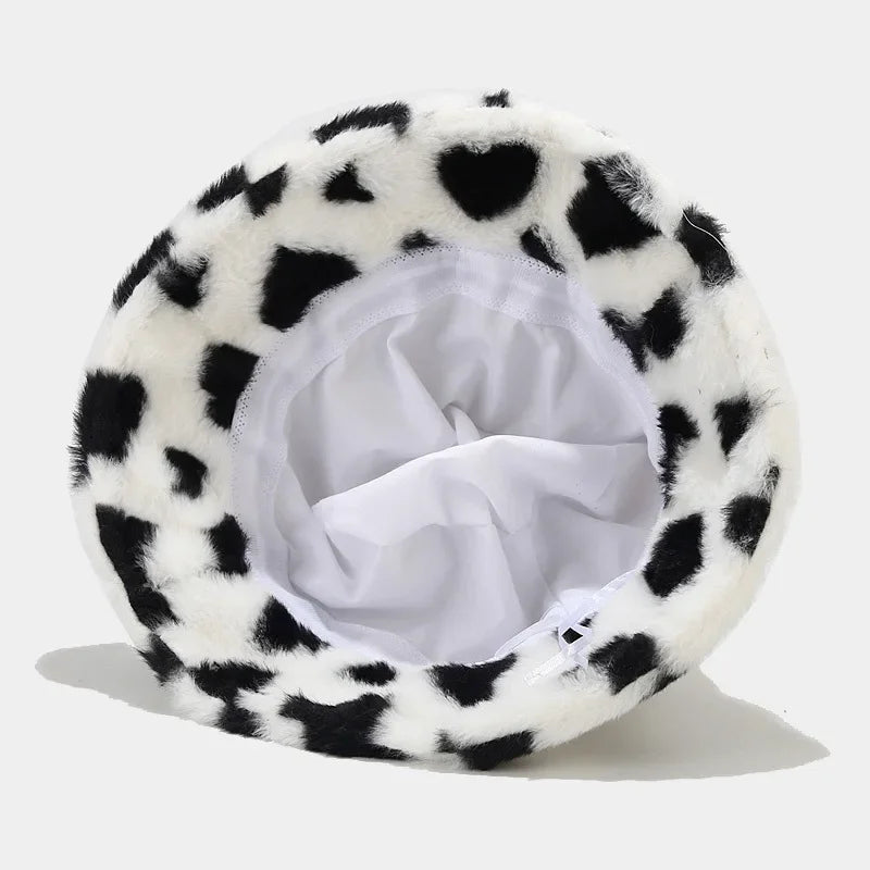 Winter Heart Print Faux Fur Fluffy Bucket Hat Women Outdoor