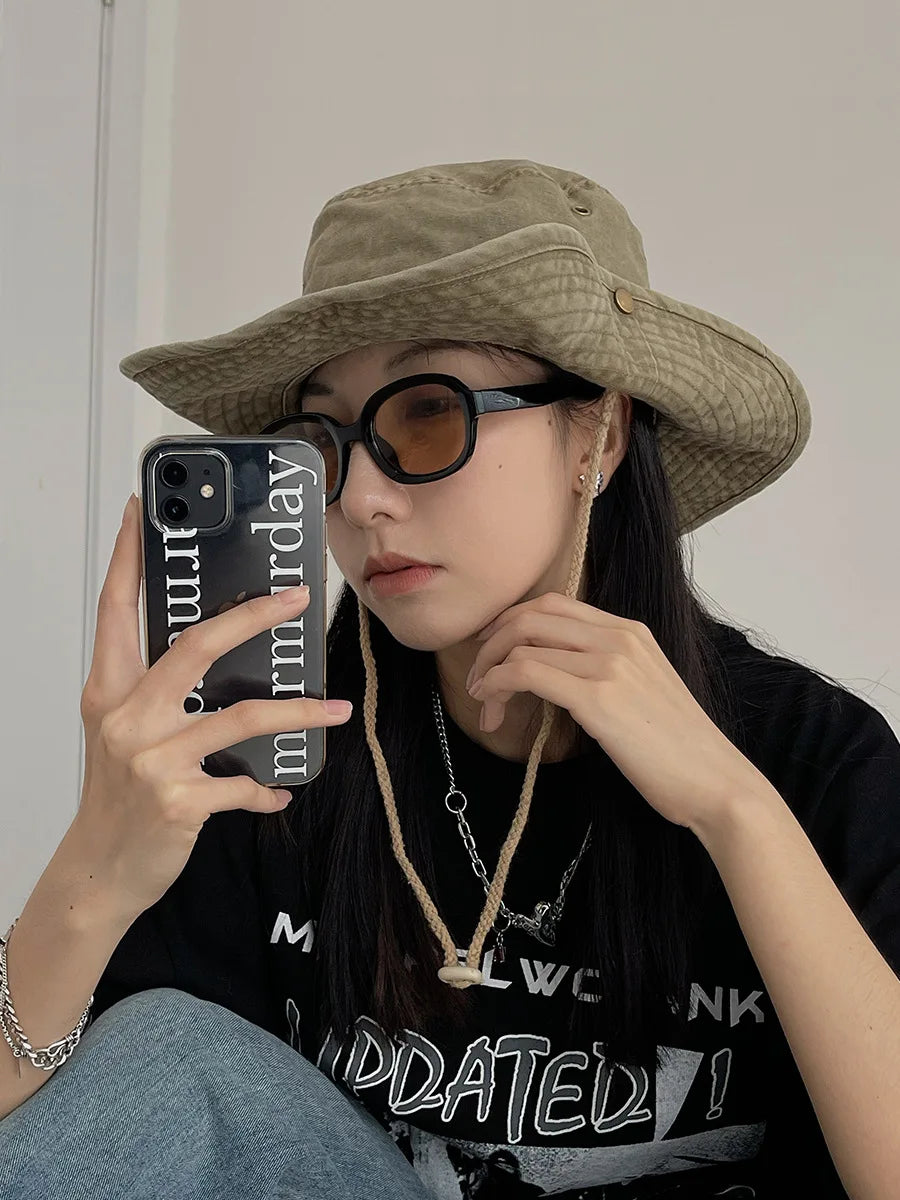 Blue Cowboy Bucket Hat With String Men Denim Beach Sun Hat
