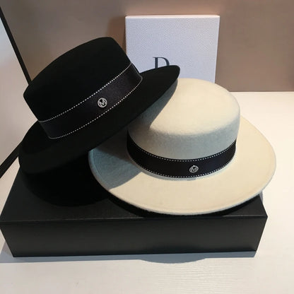 Fedora Hat Wide Brim Flat Top In Black And White Neutral Colors