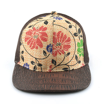 Straw Floral Flat Bill Baseball Cap Women Summer