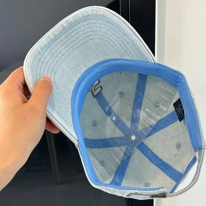 Washed Denim Embroidered Letter Baseball Cap