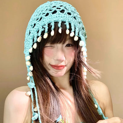 Bohemian Hand-Knitted Hollow Bald Beanie Hat Women's Summer Ethnic Style