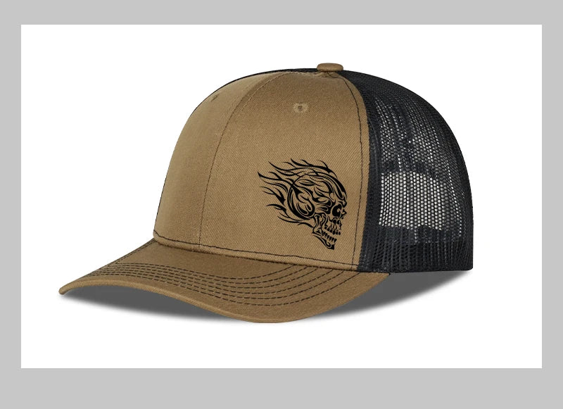 Flame Skull Print Trucker Cap Breathable Mesh Adjustable Cool & Bold Rocker Style Fashion Unisex Outdoor