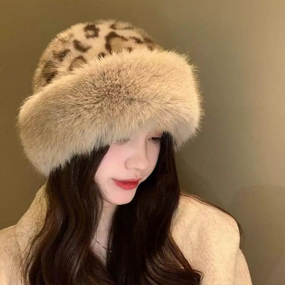 Hot Leopard Print Fur Hat Women Windproof Keep Warm Headgear Fur