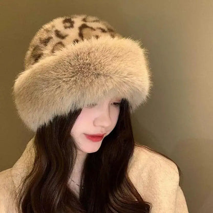 Hot Leopard Print Fur Hat Women Windproof Keep Warm Headgear Fur