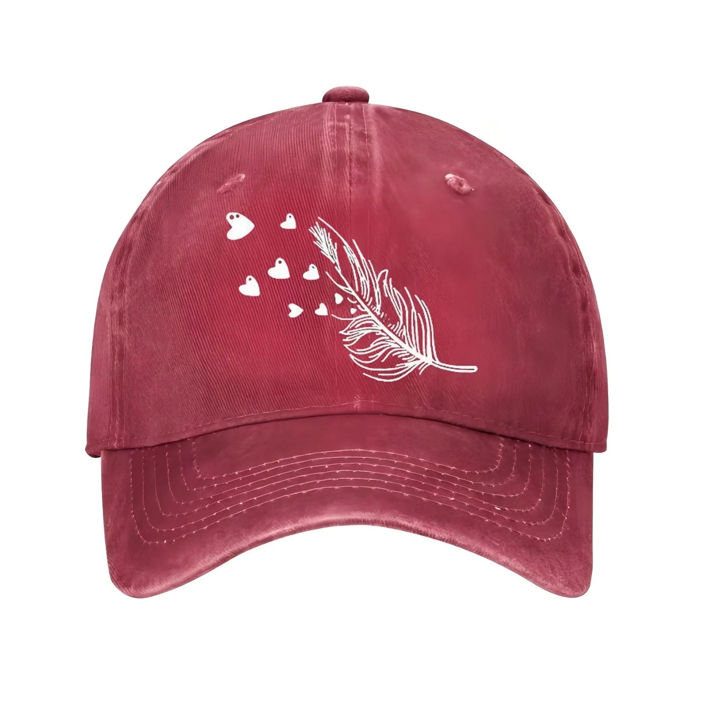 Feather And Hearts Print Distressed Baseball Cap