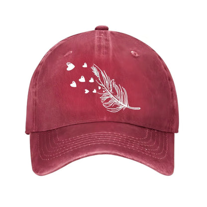 Feather And Hearts Print Distressed Baseball Cap