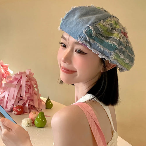 Women Washed Denim Beret Hat Fashion Patchwork Hole Octagonal Cap