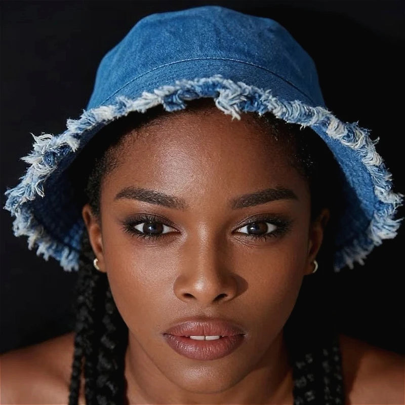 Trendy Frayed Edge Denim Bucket Hat for Women Summer Beach Hat