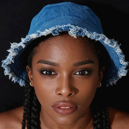 Trendy Frayed Edge Denim Bucket Hat for Women Summer Beach Hat