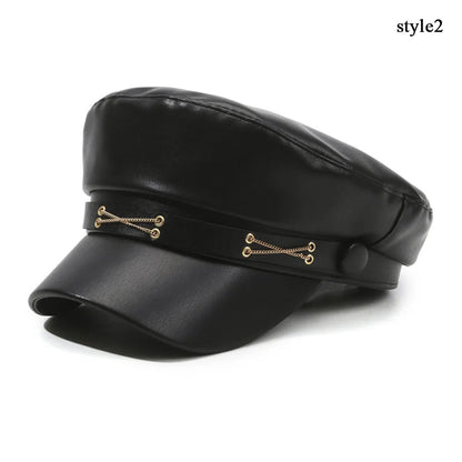 Goth Punk Beret Belt Buckle Leather Hat Spring Autumn