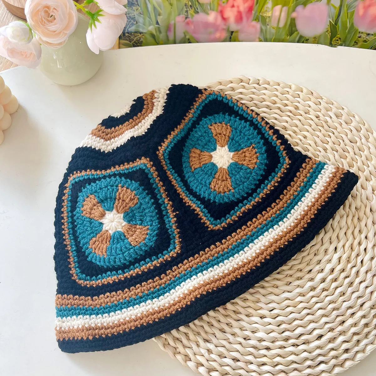 Women Muticolor Crochet Korean Handmade Bucket Hat Women Weaving Knitted Hat Y2k Fashion Flowers Autumn Cap