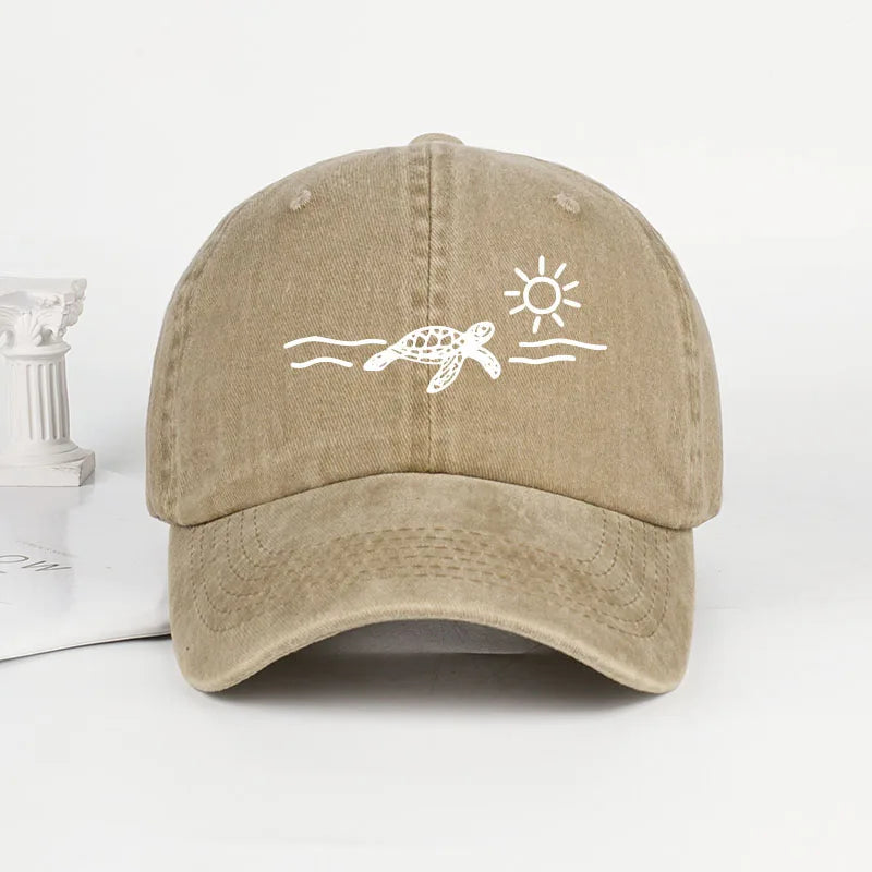 Vintage Washed Baseball Cap with Turtle, Sun, and Wave Print