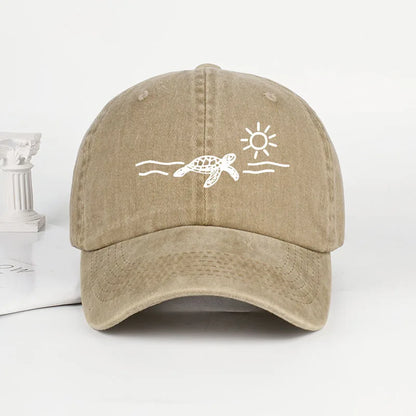 Vintage Washed Baseball Cap with Turtle, Sun, and Wave Print