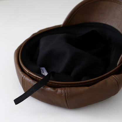 Pu Leather Beret Hat With Metal Logo Korean Retro British Painter