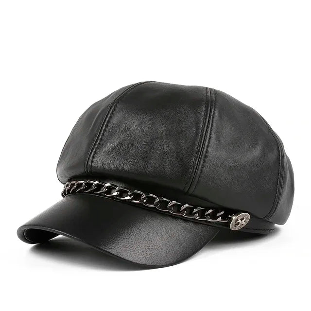 Harajuku Women Spring Octagonal Hat Female British Retro Genuine Leather Beret Caps