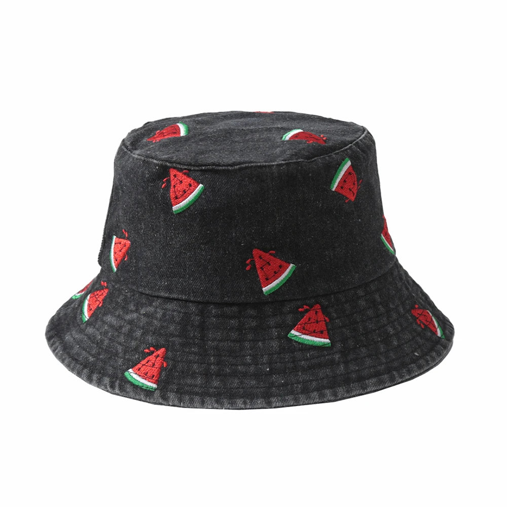 Emboridery Denim Bucket Hat Summer Travel Beach Sun Hats  for Women Men