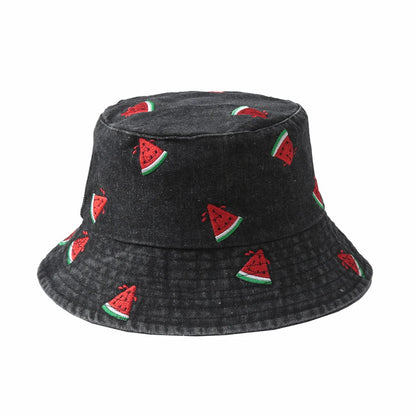 Emboridery Denim Bucket Hat Summer Travel Beach Sun Hats  for Women Men