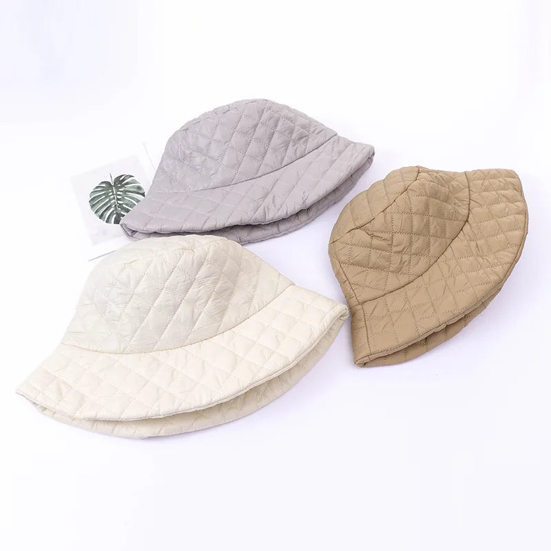Winter New Ultra Light Down Cotton Rhombus Fisherman Hat  Cap Cotton Jacket Warm Korean Casual y2k Pot Hat
