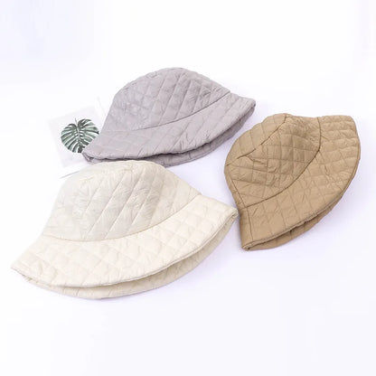 Winter New Ultra Light Down Cotton Rhombus Fisherman Hat  Cap Cotton Jacket Warm Korean Casual y2k Pot Hat