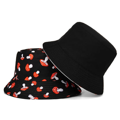Unisex Hats Sun Shading Fishing Sun Hats Fashion Personalized Verstaile Mushroom Print Double-sided Bucket Hats Outdoor Sports