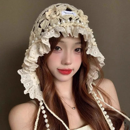 Casual Pearl Tassels Crochet Flower Knitted Hat