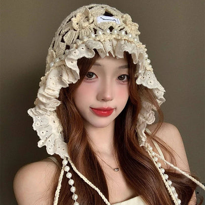 Casual Pearl Tassels Crochet Flower Knitted Hat Hollow Out Thin Lace Beanie