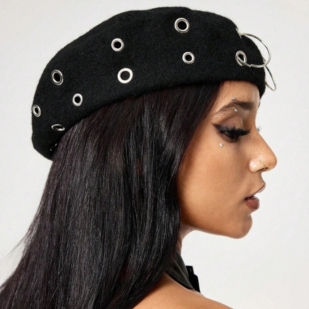 Personality Punk Style Beret Hat With Circular Hollow Rivet, Y2k Newsboy Caps