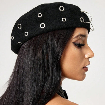 Personality Punk Style Beret Hat With Circular Hollow Rivet, Y2k Newsboy Caps