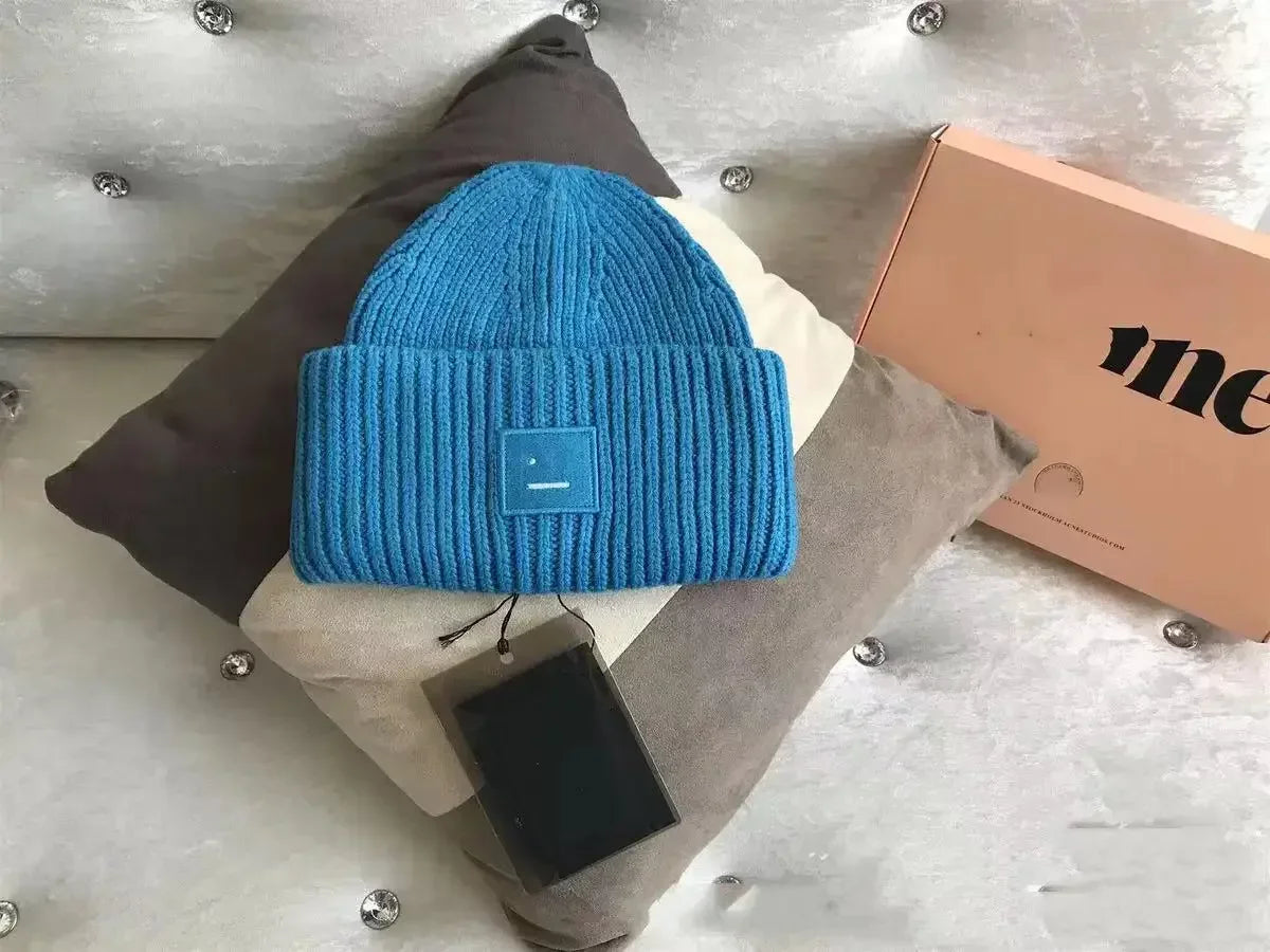 Warm And Cozy Knitted Beanie With Square Labels - Scandinavian Style Wool