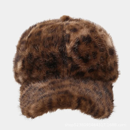 Faux Fur Leopard Print Baseball Cap Women Autumn Winter Warm Hat